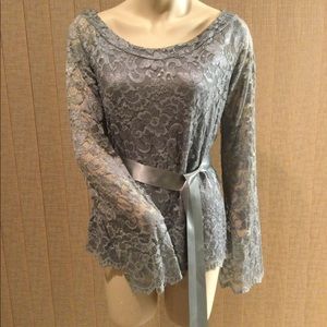 NWT Moda International Off the Shoulder Bell Sleeves Stretch Steel Grey Blouse